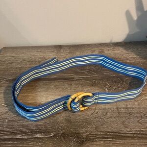 Vintage Striped Blue Green White Wide Fabric Belt Bamboo Double O Ring Buckle